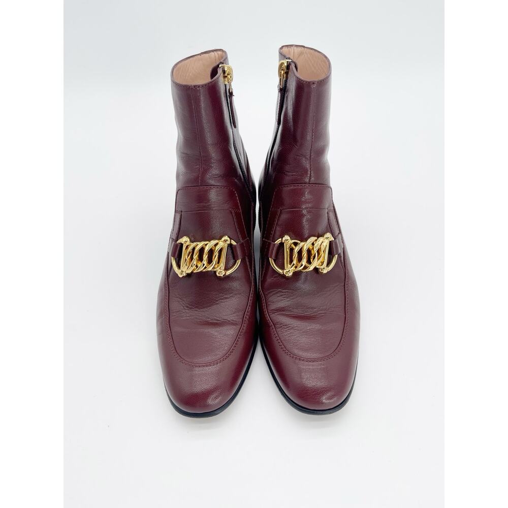 Gucci Burgundy Leather Chain Horsebit Kitten Block Heel Ankle Boots EU 37 - Picture 5 of 11